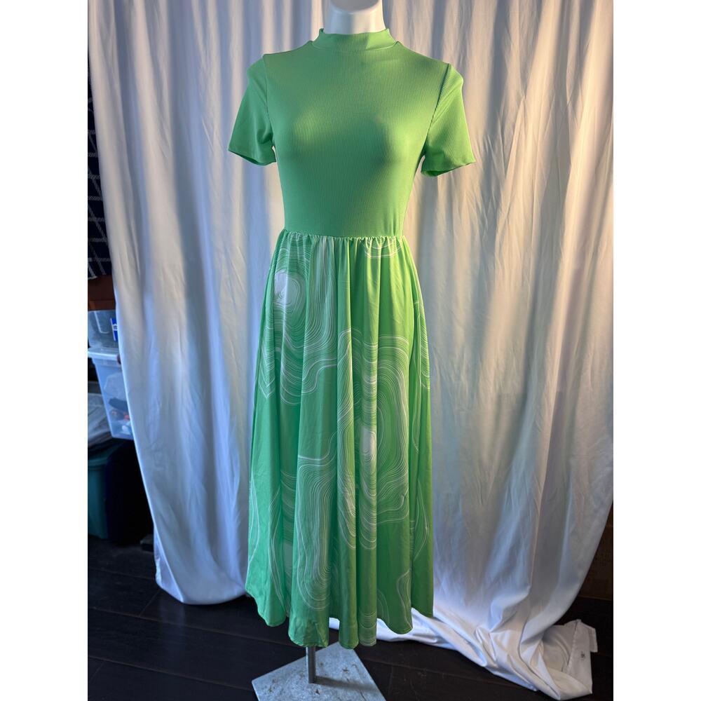 Shein Green Mock Neck Midi Dress with Abstract Skirt - Size Small